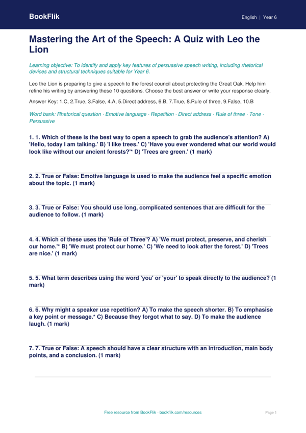 Free Speech Writing Quiz | Year 6 Core | BookFlik worksheet preview — English Speech Writing