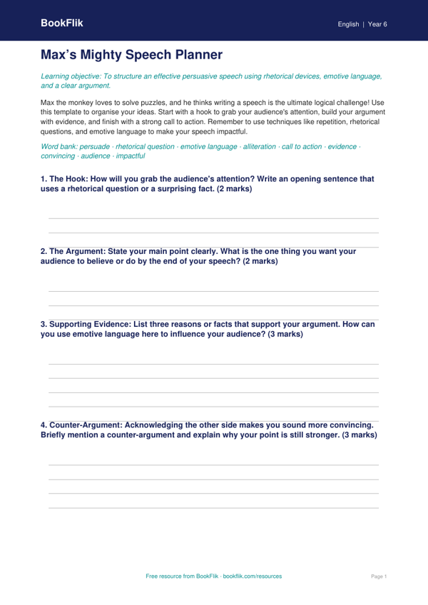 Free Speech Writing Template | Year 6 Core | BookFlik worksheet preview — English Speech Writing