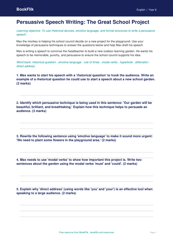 Free Speech Writing Worksheet | Year 6 Core | BookFlik worksheet preview — English Speech Writing