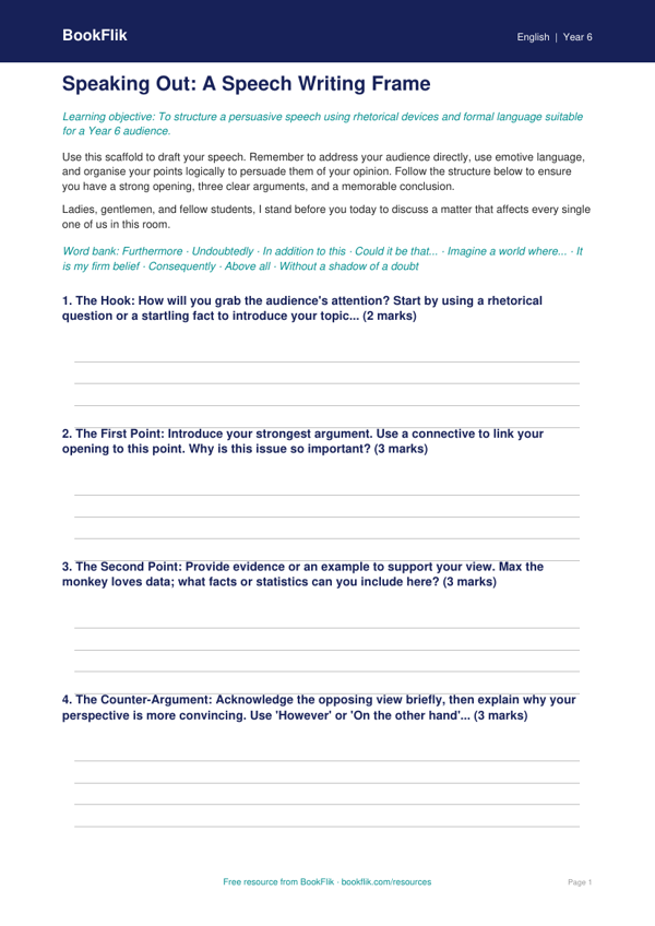 Free Speech Writing Writing Frame | Year 6 Core | BookFlik worksheet preview — English Speech Writing
