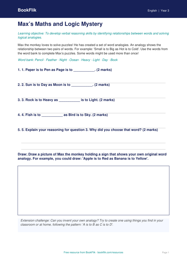 Free Verbal Reasoning Activity Sheet | Year 3 Core | BookFlik worksheet preview — English Verbal Reasoning