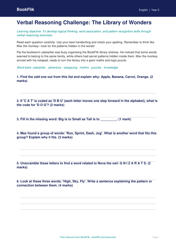 Free Verbal Reasoning Assessment | Year 3 Core | BookFlik worksheet preview — English Verbal Reasoning