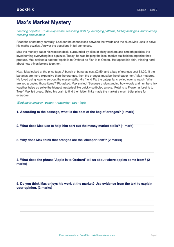 Free Verbal Reasoning Comprehension | Year 3 Core | BookFlik worksheet preview — English Verbal Reasoning