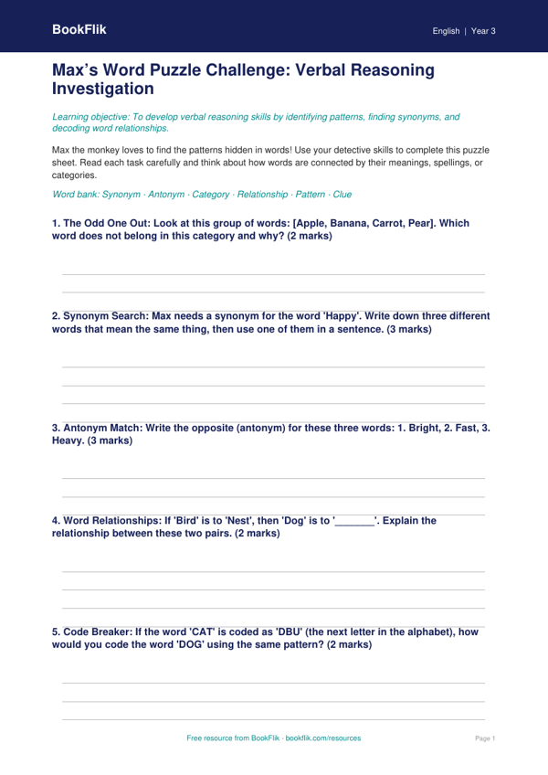 Free Verbal Reasoning Template | Year 3 Core | BookFlik worksheet preview — English Verbal Reasoning