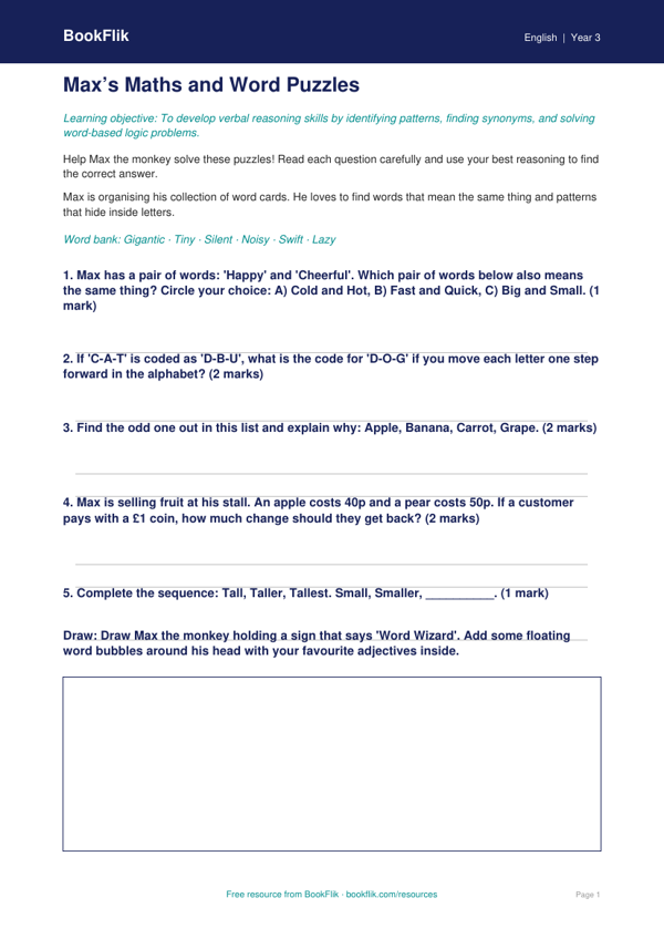 Free Verbal Reasoning Worksheet | Year 3 Core | BookFlik worksheet preview — English Verbal Reasoning
