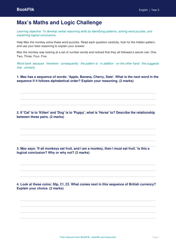 Free Verbal Reasoning Writing Frame | Year 3 Core | BookFlik worksheet preview — English Verbal Reasoning
