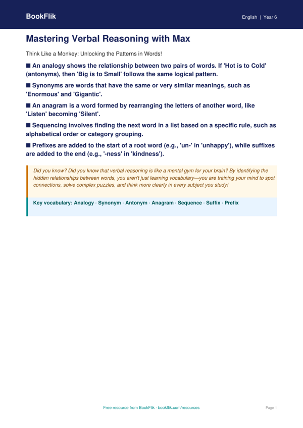 Free Verbal Reasoning Poster | Year 6 Core | BookFlik worksheet preview — English Verbal Reasoning