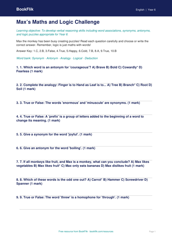 Free Verbal Reasoning Quiz | Year 6 Core | BookFlik worksheet preview — English Verbal Reasoning