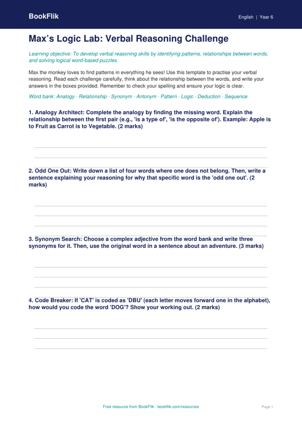 Free Verbal Reasoning Template | Year 6 Core | BookFlik worksheet preview — English Verbal Reasoning