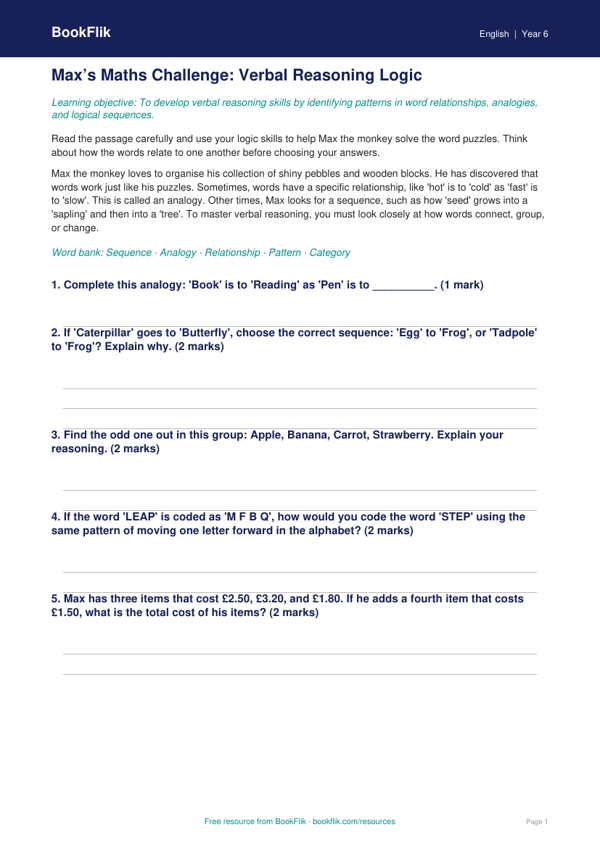 Free Verbal Reasoning Track Sheet | Year 6 Core | BookFlik worksheet preview — English Verbal Reasoning