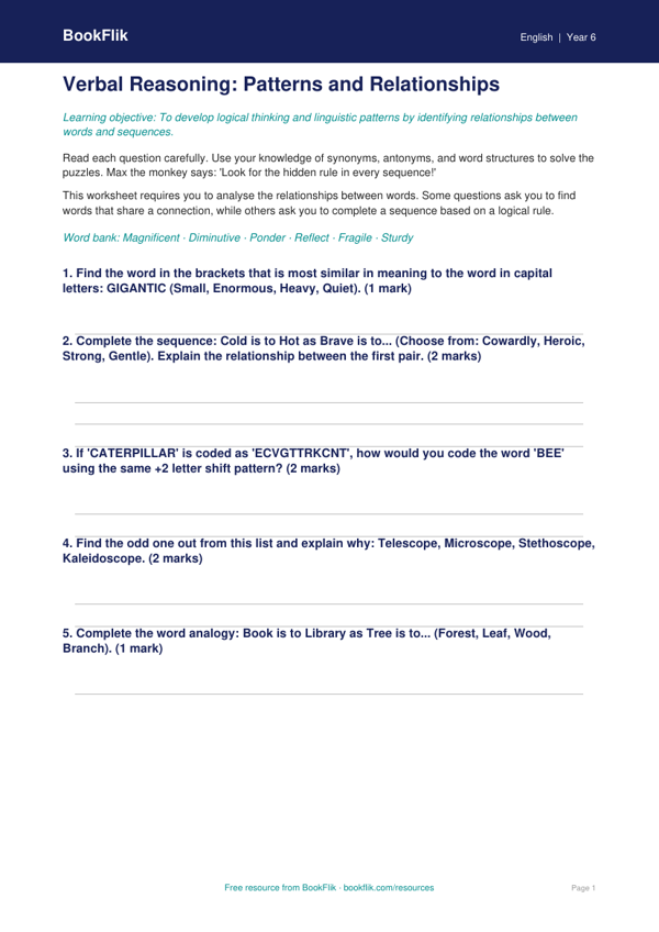 Free Verbal Reasoning Worksheet | Year 6 Core | BookFlik worksheet preview — English Verbal Reasoning