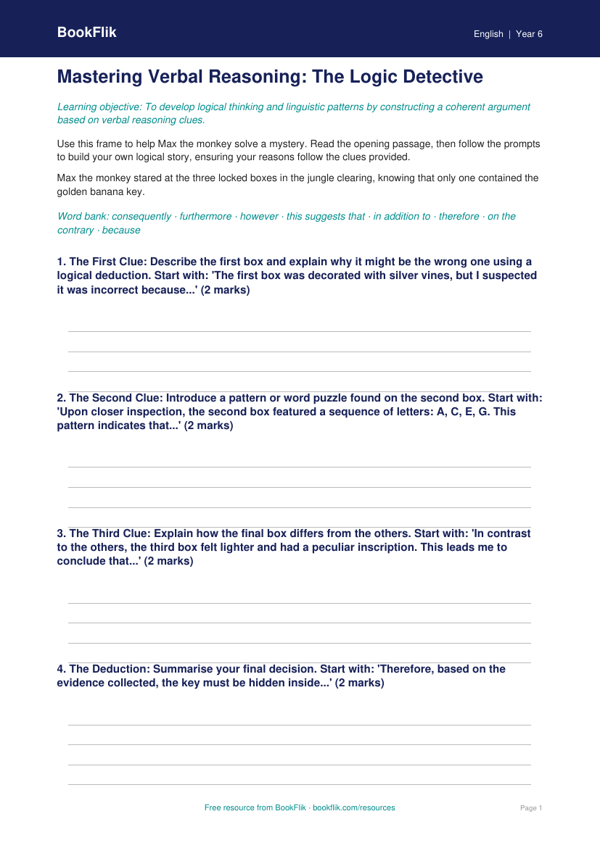 Free Verbal Reasoning Writing Frame | Year 6 Core | BookFlik worksheet preview — English Verbal Reasoning