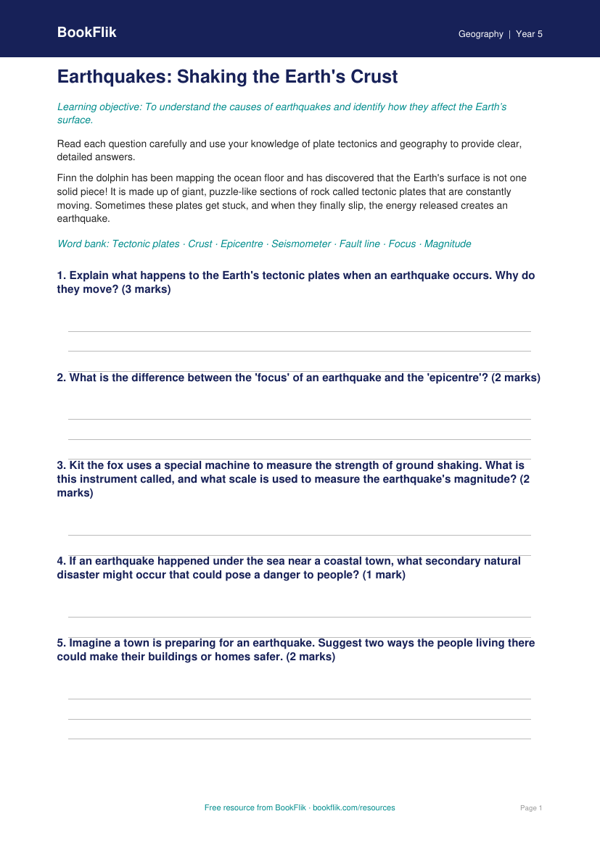 Free Earthquakes Worksheet | Year 5 Core | BookFlik | Free Worksheets ...