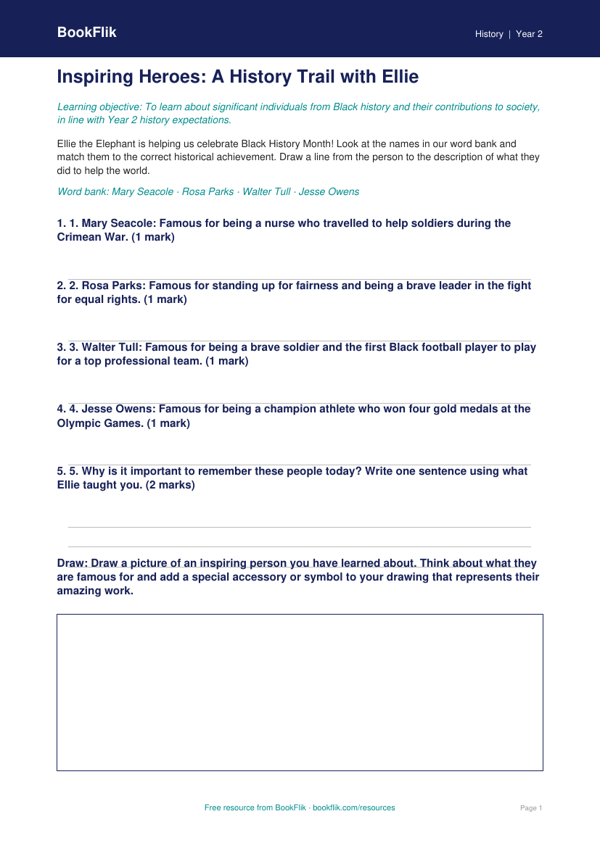 Free Black History Month Activity Sheet | Year 2 Core | BookFlik worksheet preview — History Black History Month