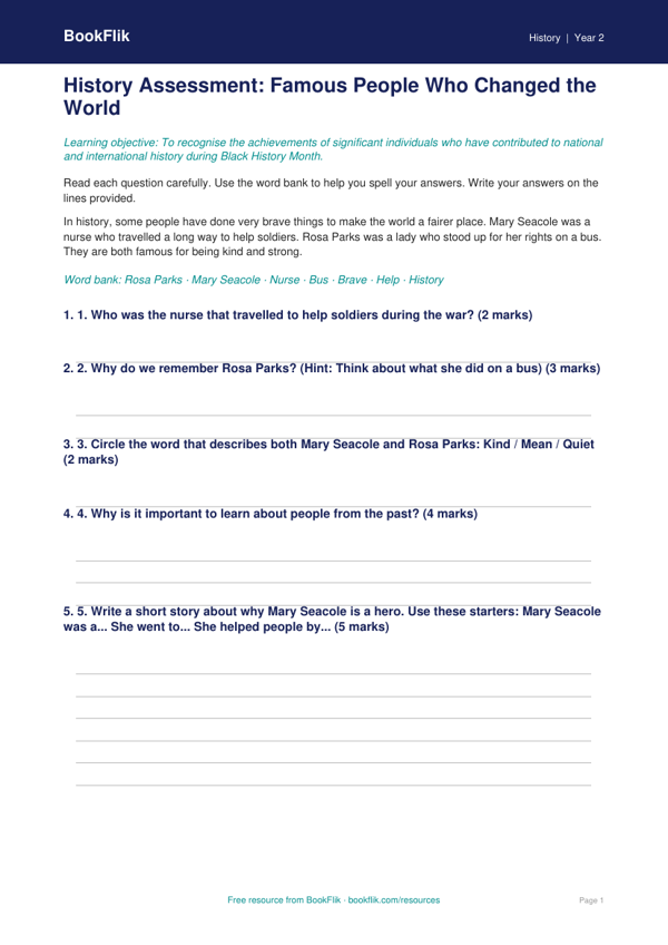 Free Black History Month Assessment | Year 2 Supported | BookFlik worksheet preview — History Black History Month