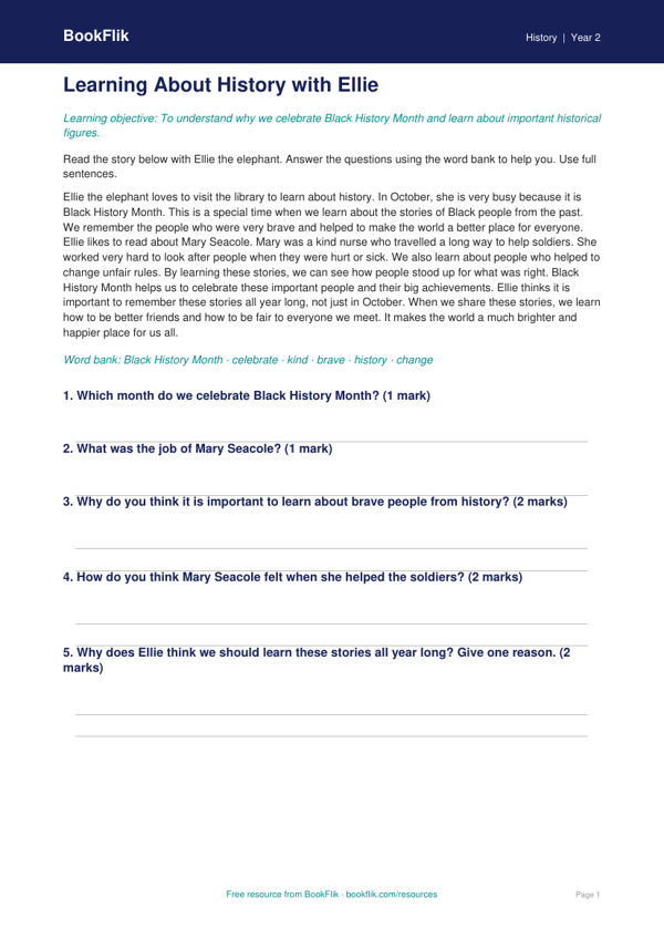 Free Black History Month Comprehension | Year 2 Supported | BookFlik worksheet preview — History Black History Month