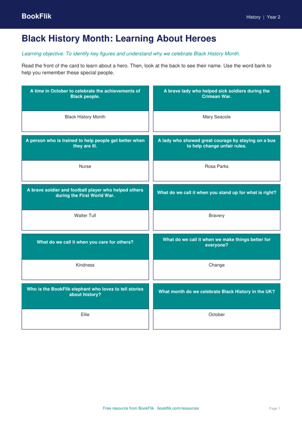 Free Black History Month Flashcards | Year 2 Supported | BookFlik worksheet preview — History Black History Month