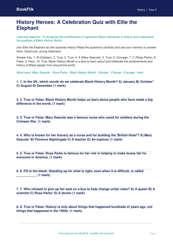 Free Black History Month Quiz | Year 2 Core | BookFlik worksheet preview — History Black History Month