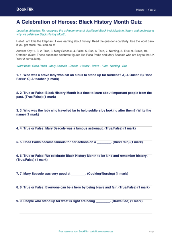 Free Black History Month Quiz | Year 2 Supported | BookFlik worksheet preview — History Black History Month