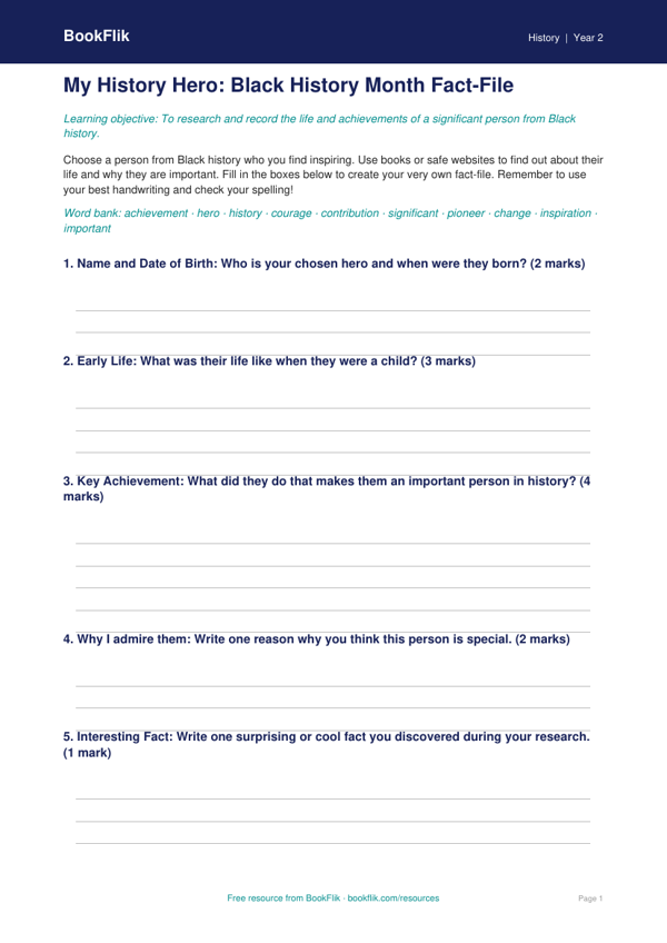 Free Black History Month Template | Year 2 Core | BookFlik worksheet preview — History Black History Month