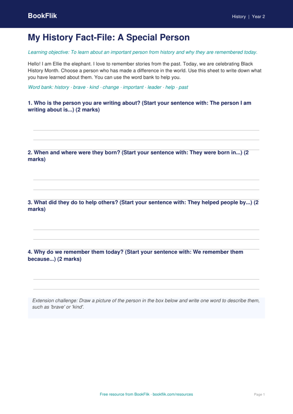 Free Black History Month Template | Year 2 Supported | BookFlik worksheet preview — History Black History Month