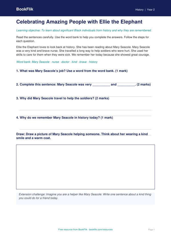 Free Black History Month Worksheet | Year 2 Supported | BookFlik worksheet preview — History Black History Month