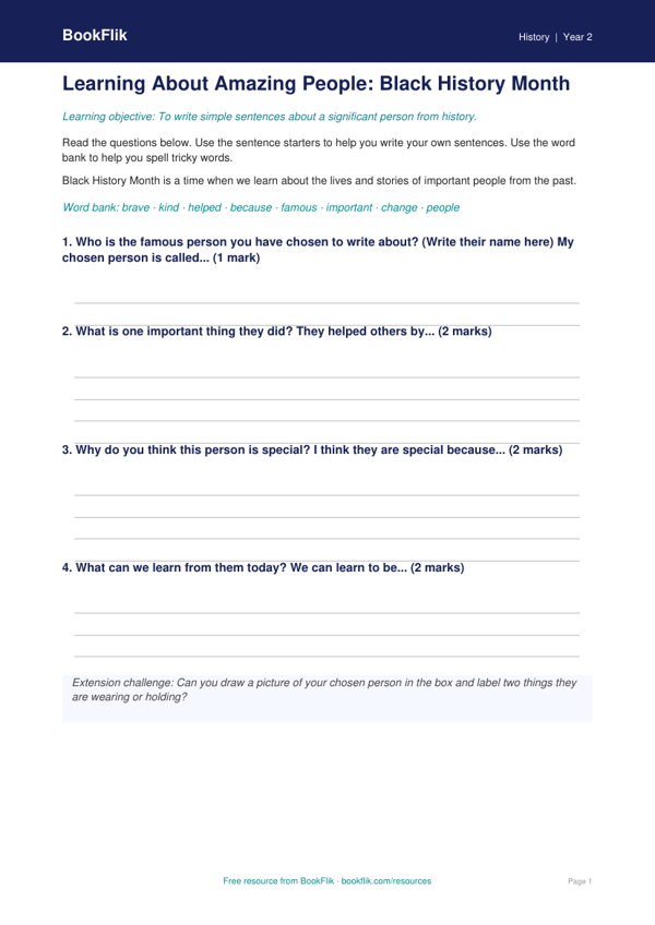 Free Black History Month Writing Frame | Year 2 Supported | BookFlik worksheet preview — History Black History Month