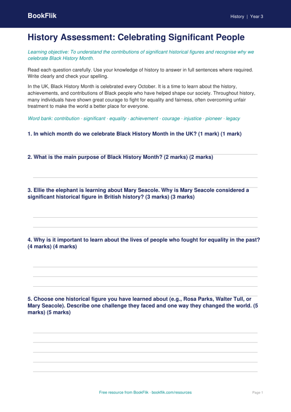 Free Black History Month Assessment | Year 3 Core | BookFlik worksheet preview — History Black History Month
