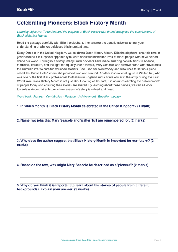 Free Black History Month Comprehension | Year 3 Core | BookFlik worksheet preview — History Black History Month