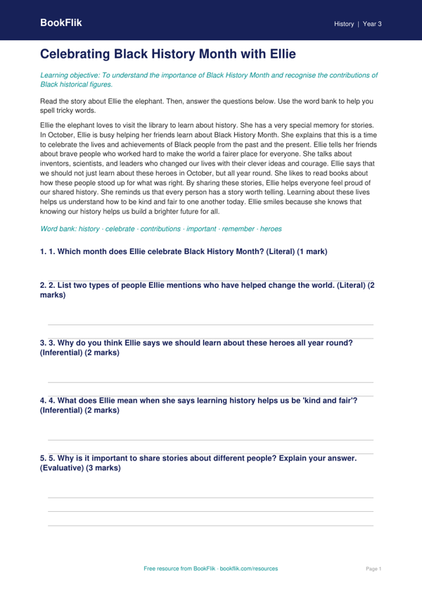Free Black History Month Comprehension | Year 3 Supported | BookFlik worksheet preview — History Black History Month