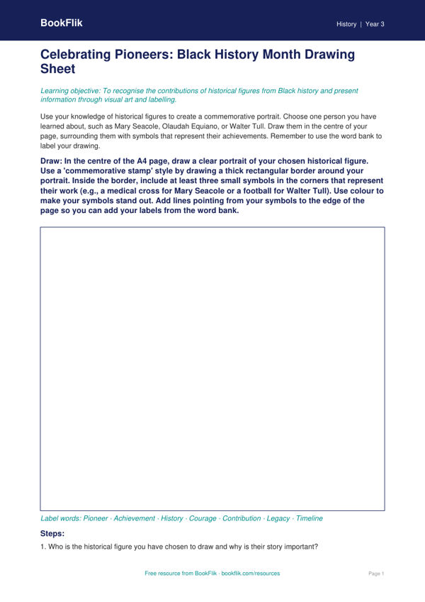 Free Black History Month Drawing Sheet | Year 3 Core | BookFlik worksheet preview — History Black History Month