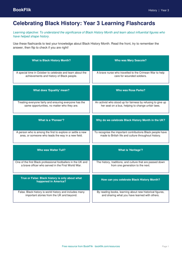 Free Black History Month Flashcards | Year 3 Core | BookFlik worksheet preview — History Black History Month