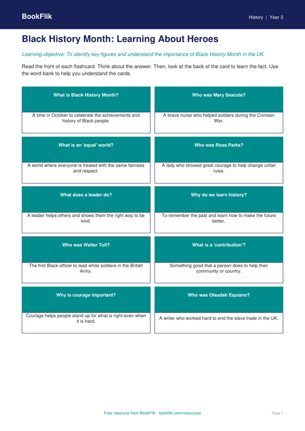 Free Black History Month Flashcards | Year 3 Supported | BookFlik worksheet preview — History Black History Month