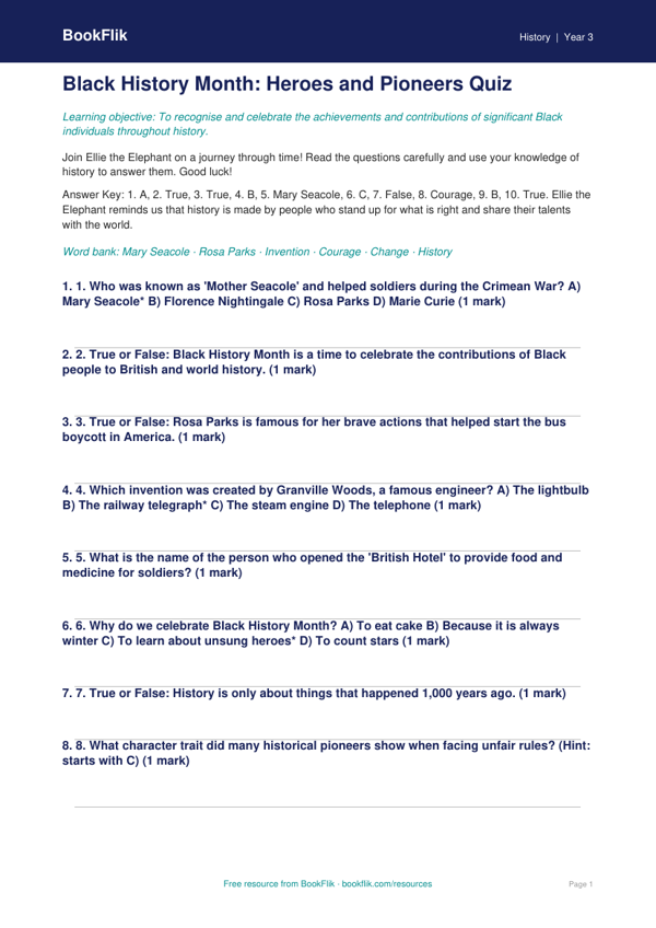Free Black History Month Quiz | Year 3 Core | BookFlik worksheet preview — History Black History Month