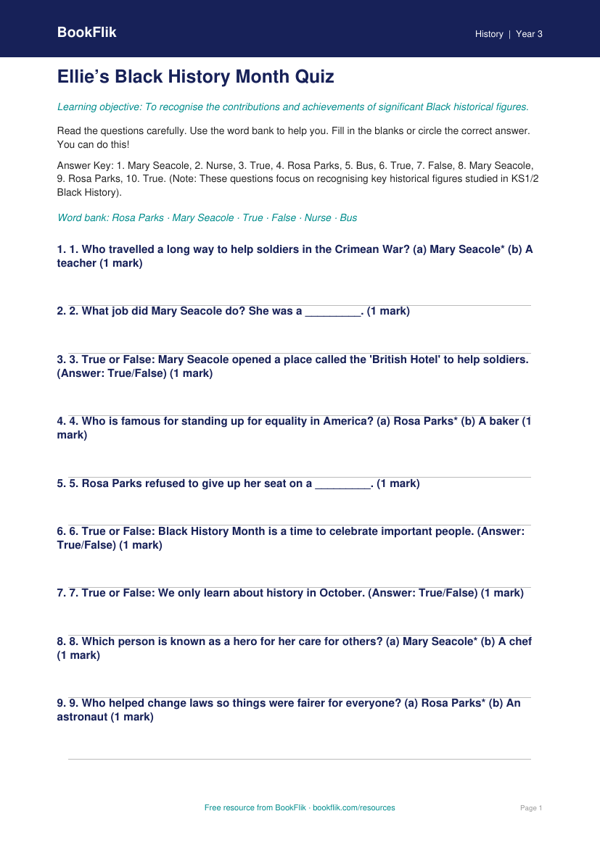 Free Black History Month Quiz | Year 3 Supported | BookFlik worksheet preview — History Black History Month