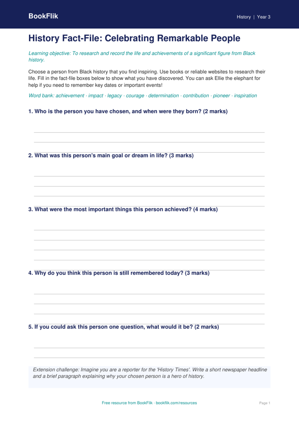 Free Black History Month Template | Year 3 Core | BookFlik worksheet preview — History Black History Month