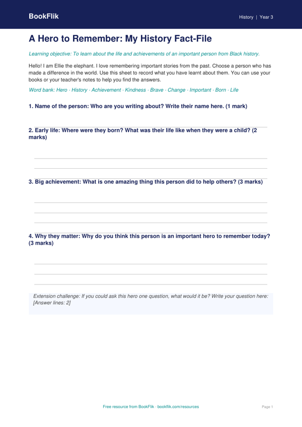 Free Black History Month Template | Year 3 Supported | BookFlik worksheet preview — History Black History Month