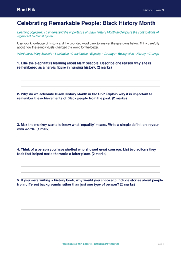 Free Black History Month Worksheet | Year 3 Core | BookFlik worksheet preview — History Black History Month