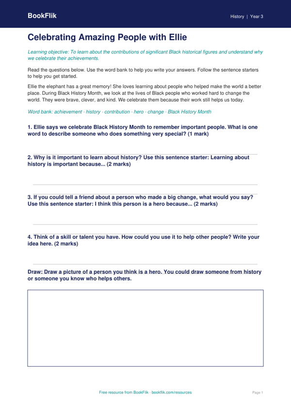 Free Black History Month Worksheet | Year 3 Supported | BookFlik worksheet preview — History Black History Month