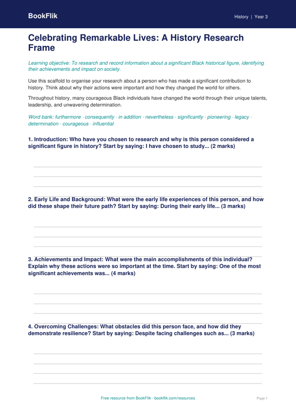 Free Black History Month Writing Frame | Year 3 Greater Depth | BookFlik worksheet preview — History Black History Month