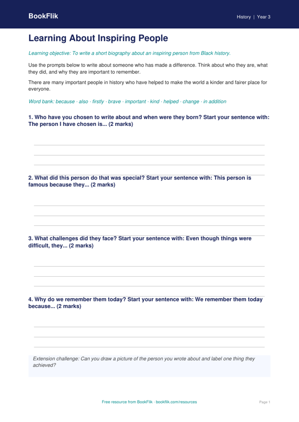 Free Black History Month Writing Frame | Year 3 Supported | BookFlik worksheet preview — History Black History Month