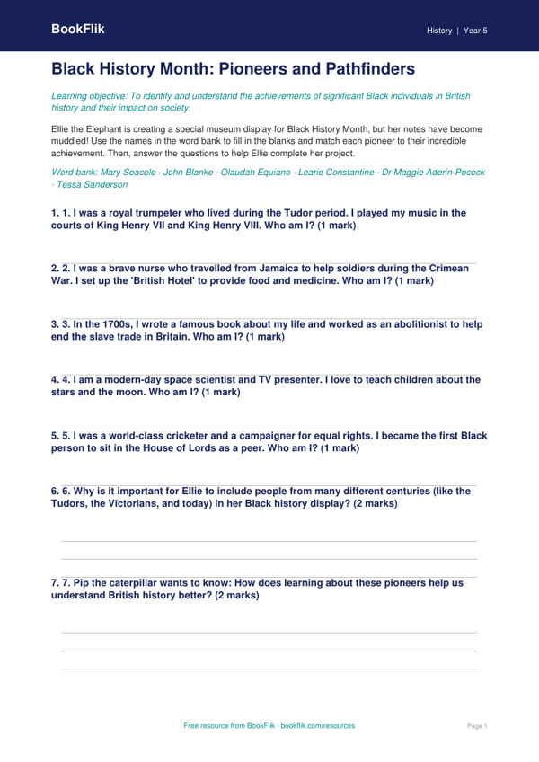 Free Black History Month Activity Sheet | Year 5 Core | BookFlik worksheet preview — History Black History Month