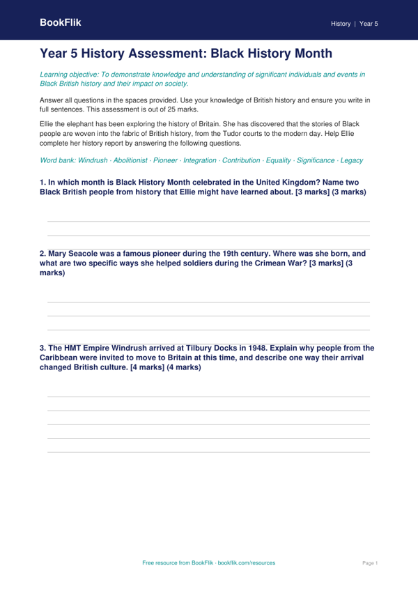 Free Black History Month Assessment | Year 5 Core | BookFlik worksheet preview — History Black History Month