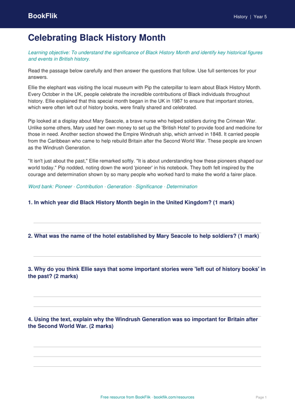 Free Black History Month Comprehension | Year 5 Core | BookFlik worksheet preview — History Black History Month