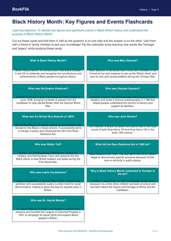 Free Black History Month Flashcards | Year 5 Core | BookFlik worksheet preview — History Black History Month