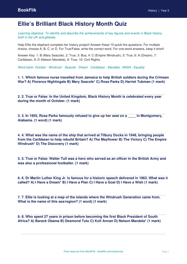 Free Black History Month Quiz | Year 5 Core | BookFlik worksheet preview — History Black History Month