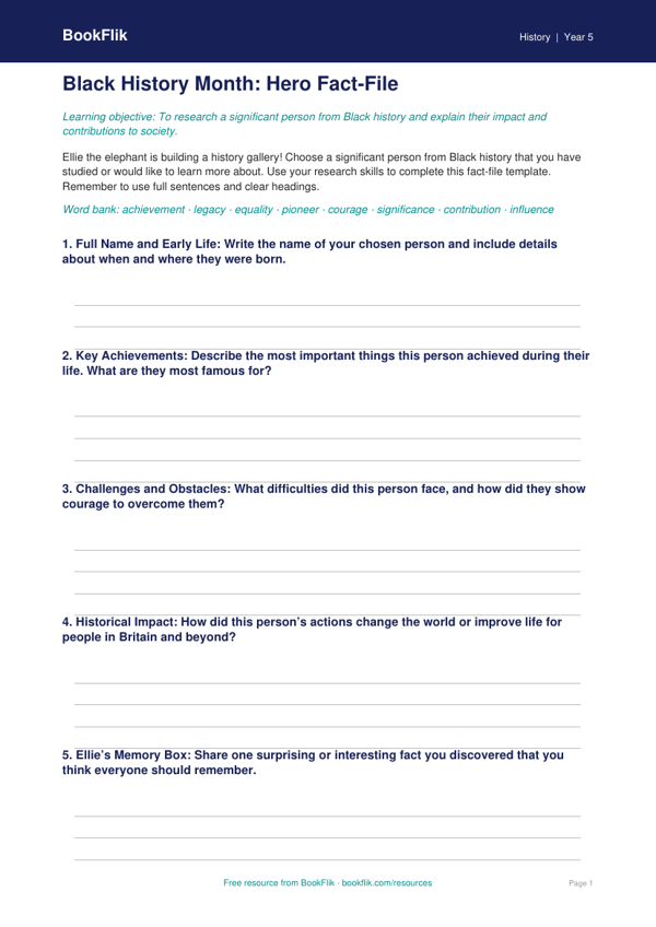 Free Black History Month Template | Year 5 Core | BookFlik worksheet preview — History Black History Month