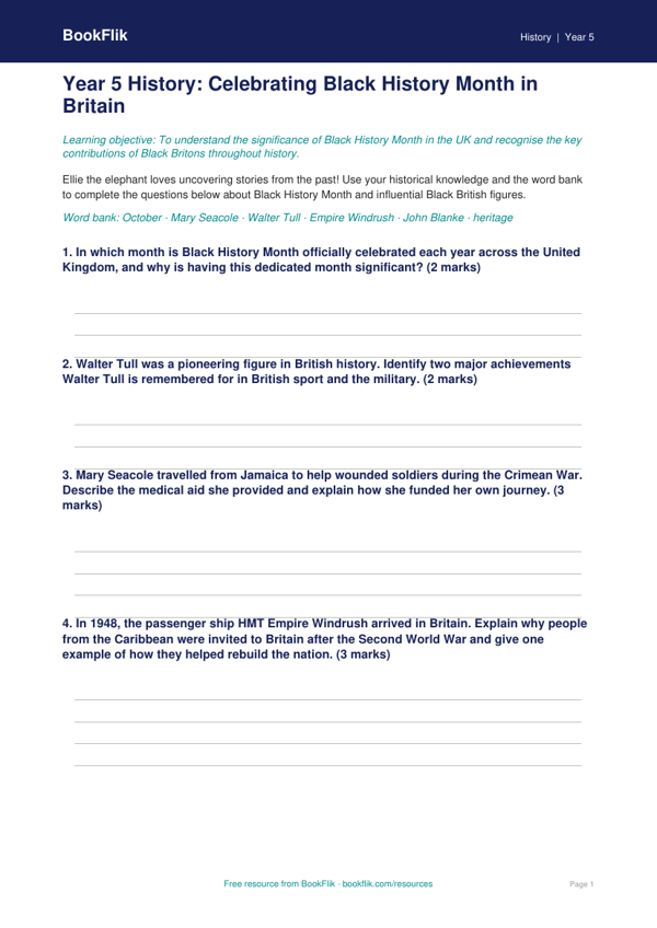 Free Black History Month Worksheet | Year 5 Core | BookFlik worksheet preview — History Black History Month