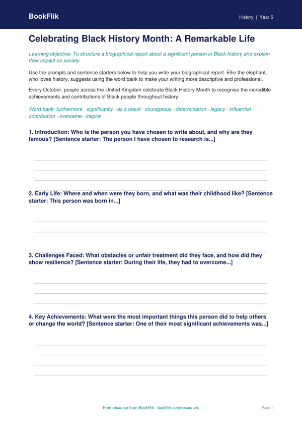 Free Black History Month Writing Frame | Year 5 Core | BookFlik worksheet preview — History Black History Month