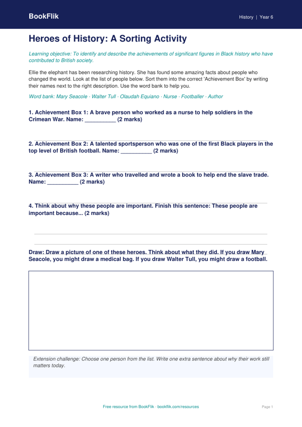 Free Black History Month Activity Sheet | Year 6 Supported | BookFlik worksheet preview — History Black History Month